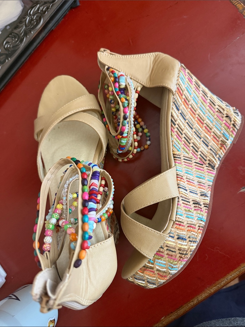 Tan Wedge Sandals with Colorful Beaded Straps